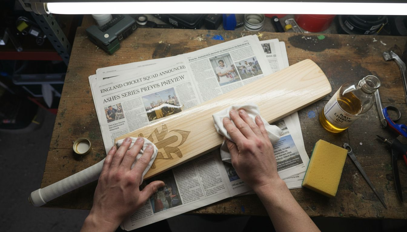 Close-up of cricket bat oiling process