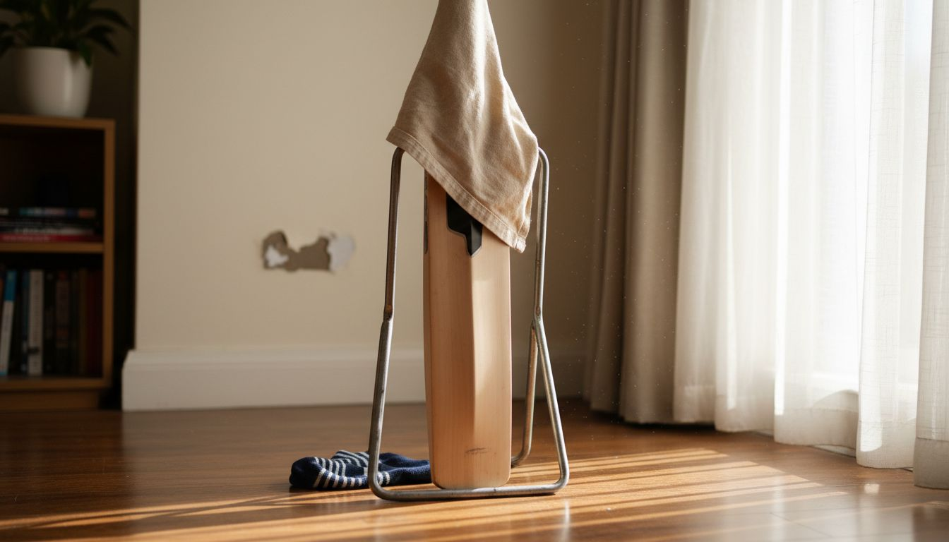 Cricket bat upright in home storage rack