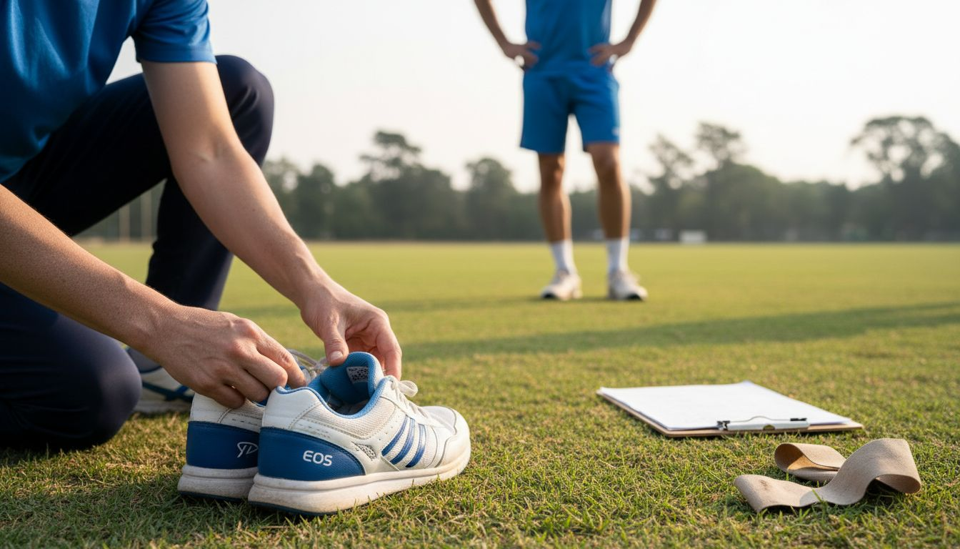 Physiotherapist examining cricket shoe support
