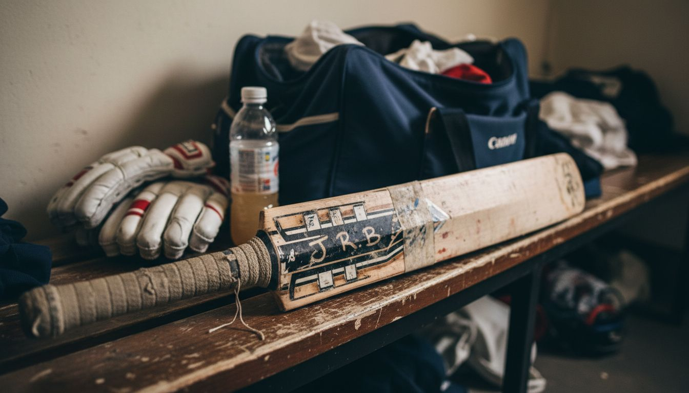 Detailed cricket bat and gear in changing room