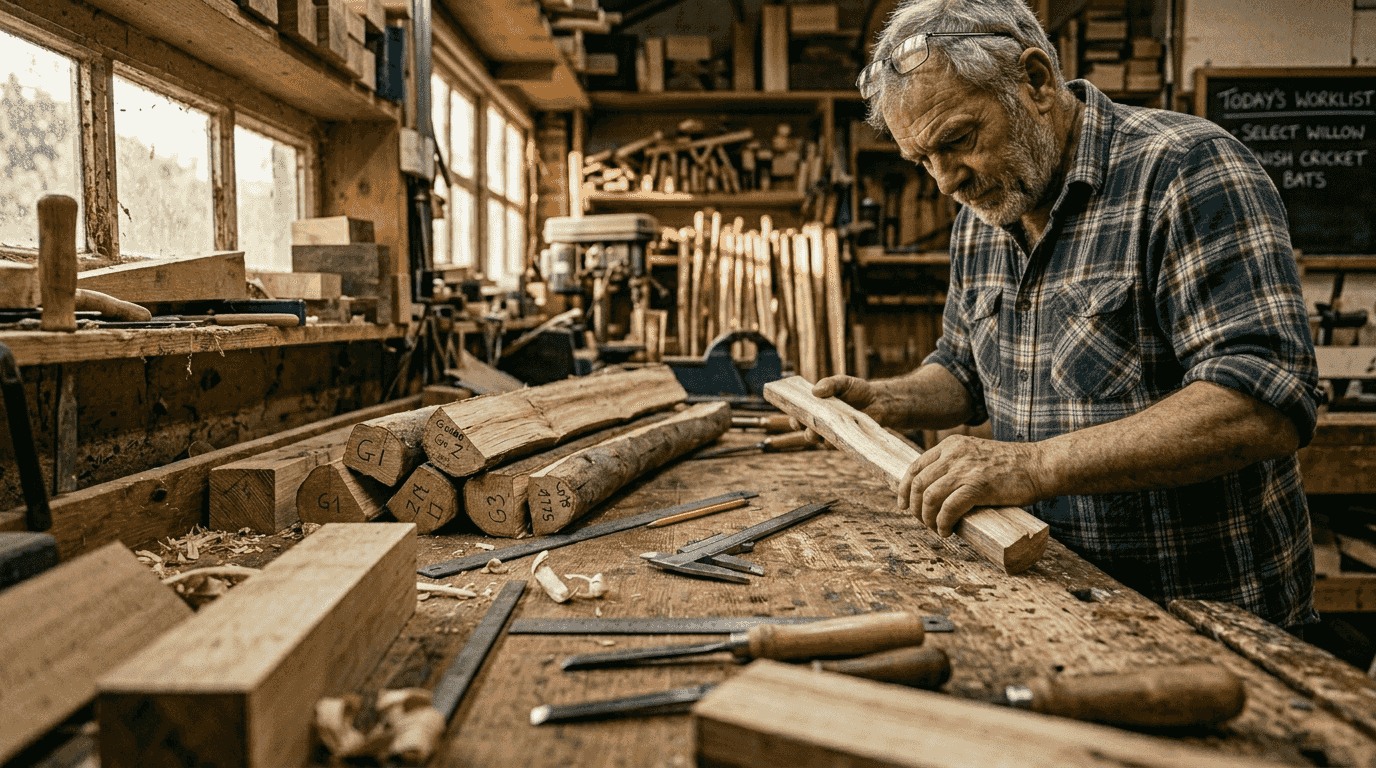 Cricket bat maker selecting willow clefts