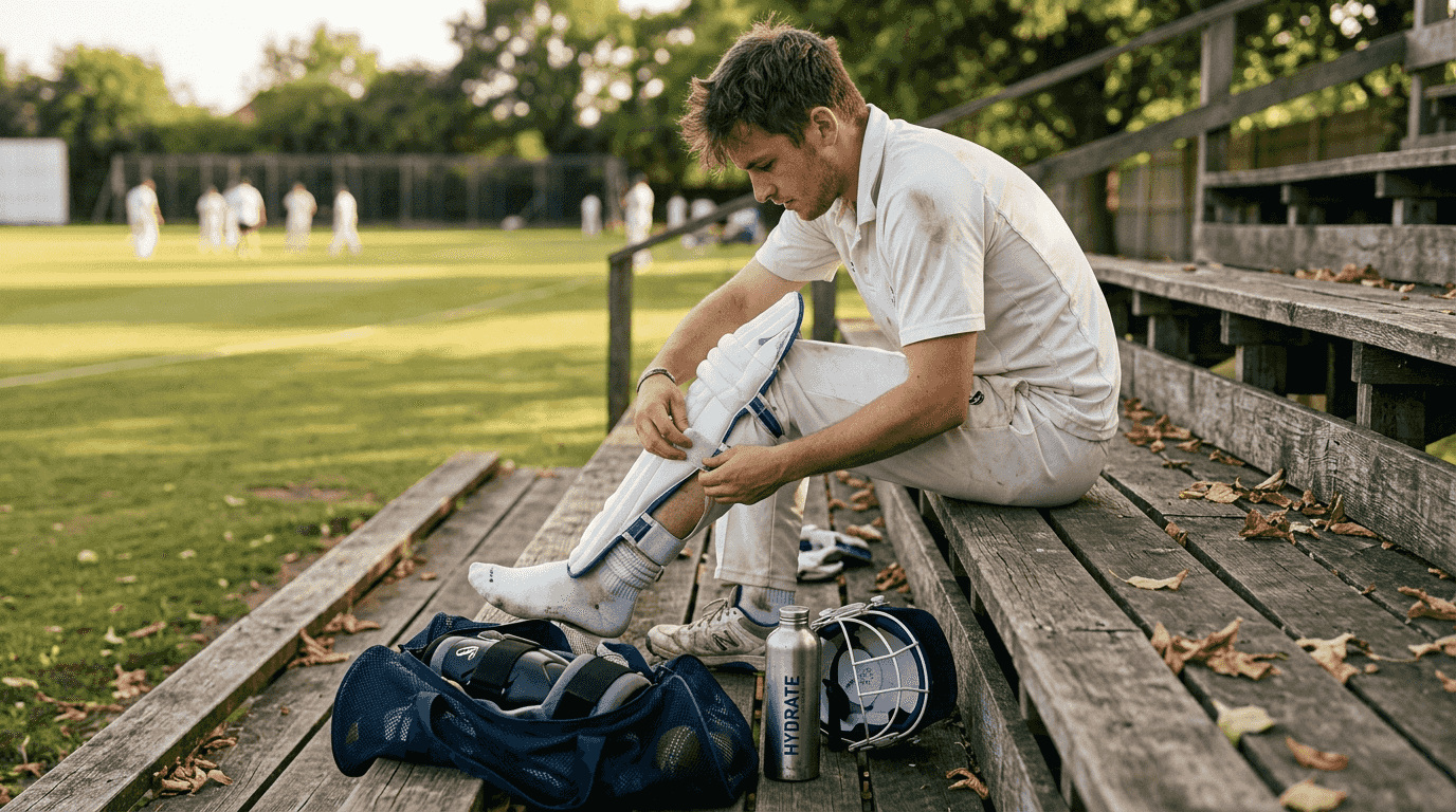 Player fitting lightweight cricket pads outdoors