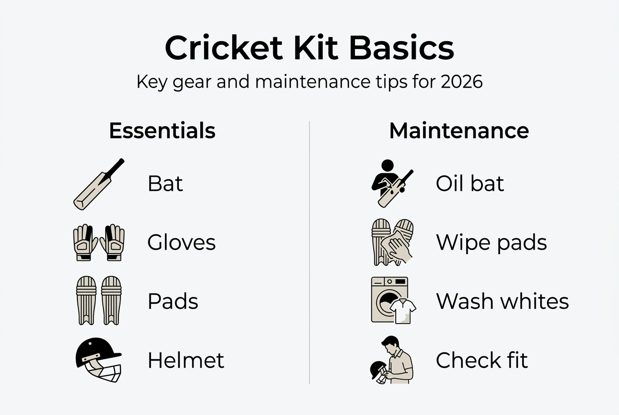 Infographic showing cricket kit essentials and maintenance