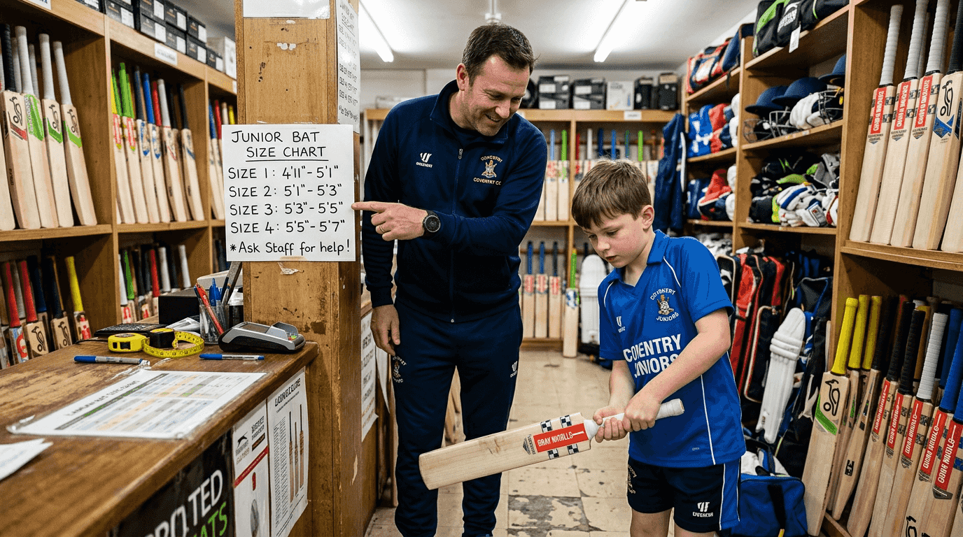 Parent helps child choose cricket bat size