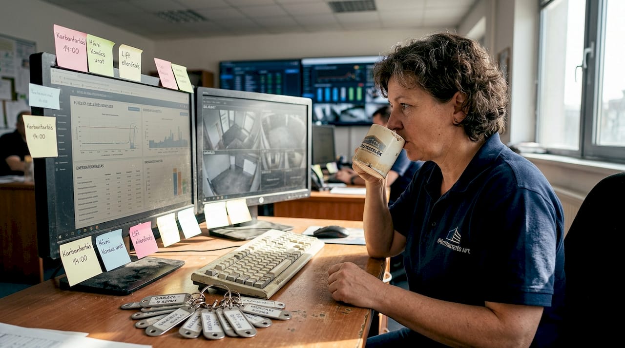 Az üzemeltetési vezető folyamatosan figyeli az okosépület irányítópultját.