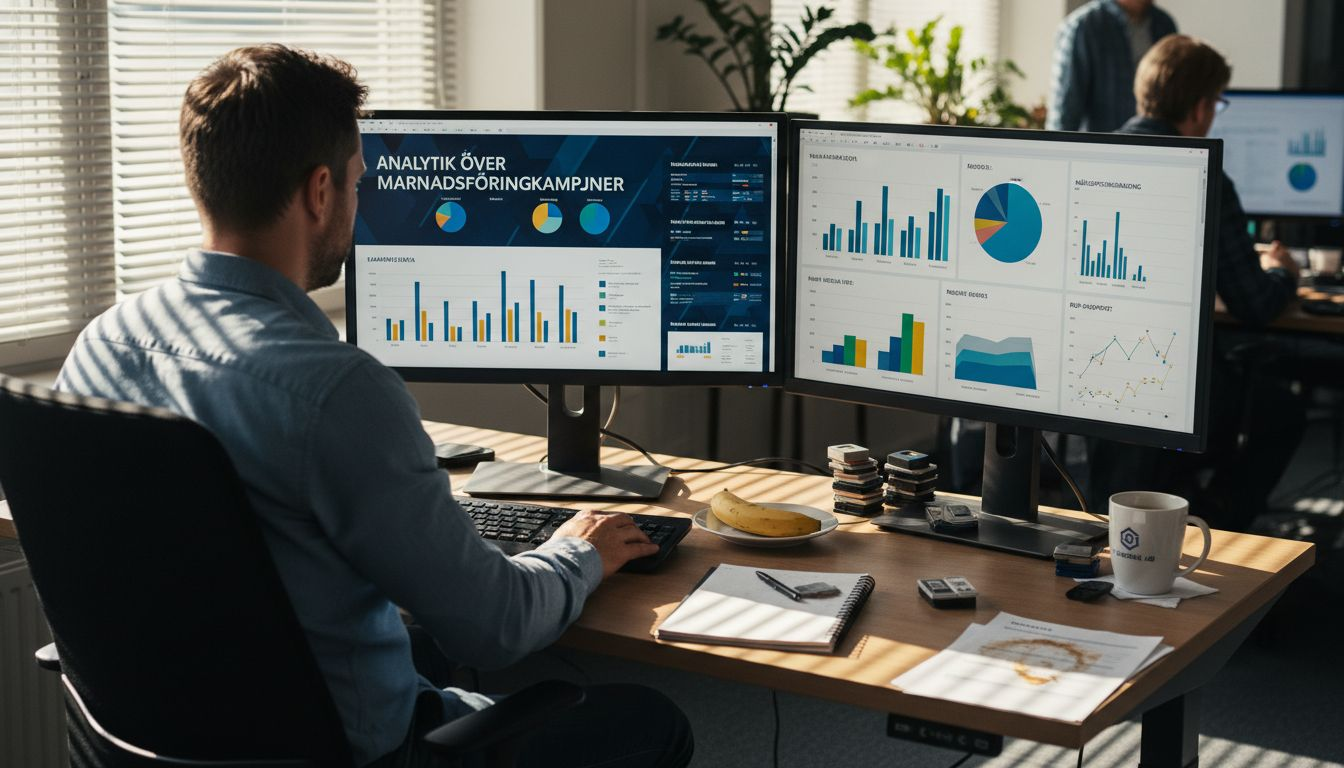 En marknadsförare går igenom analyser vid ett rörigt skrivbord.