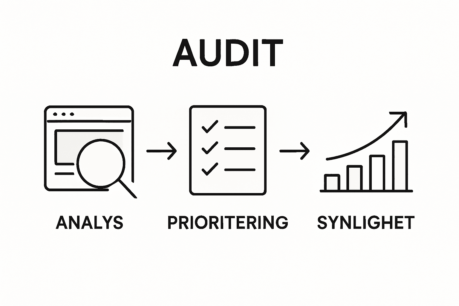 Översikt av SEO-granskning – visualiserad med ikoner och pilar