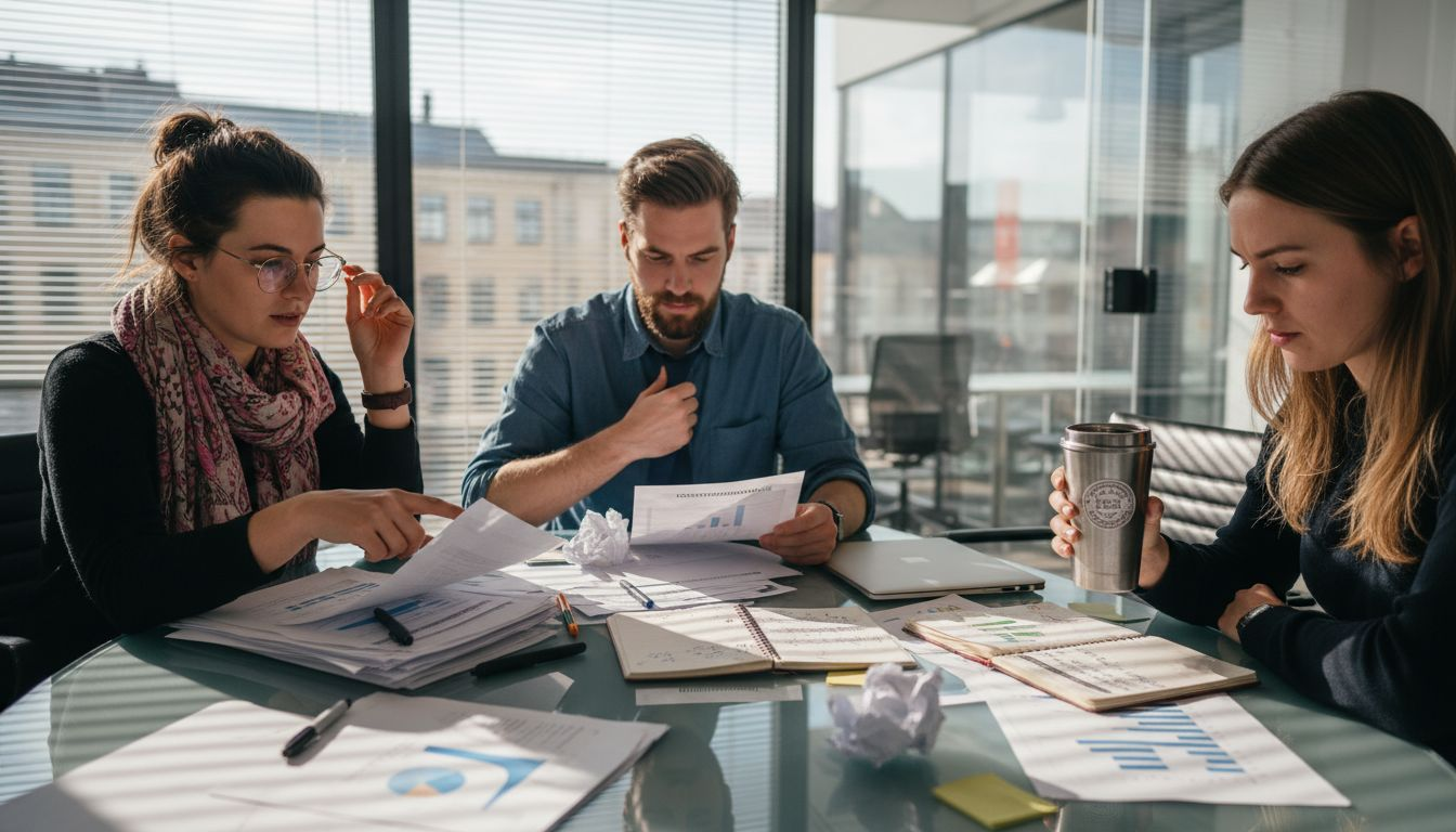 Kollegor går igenom SEO-rapporter tillsammans och diskuterar resultaten.