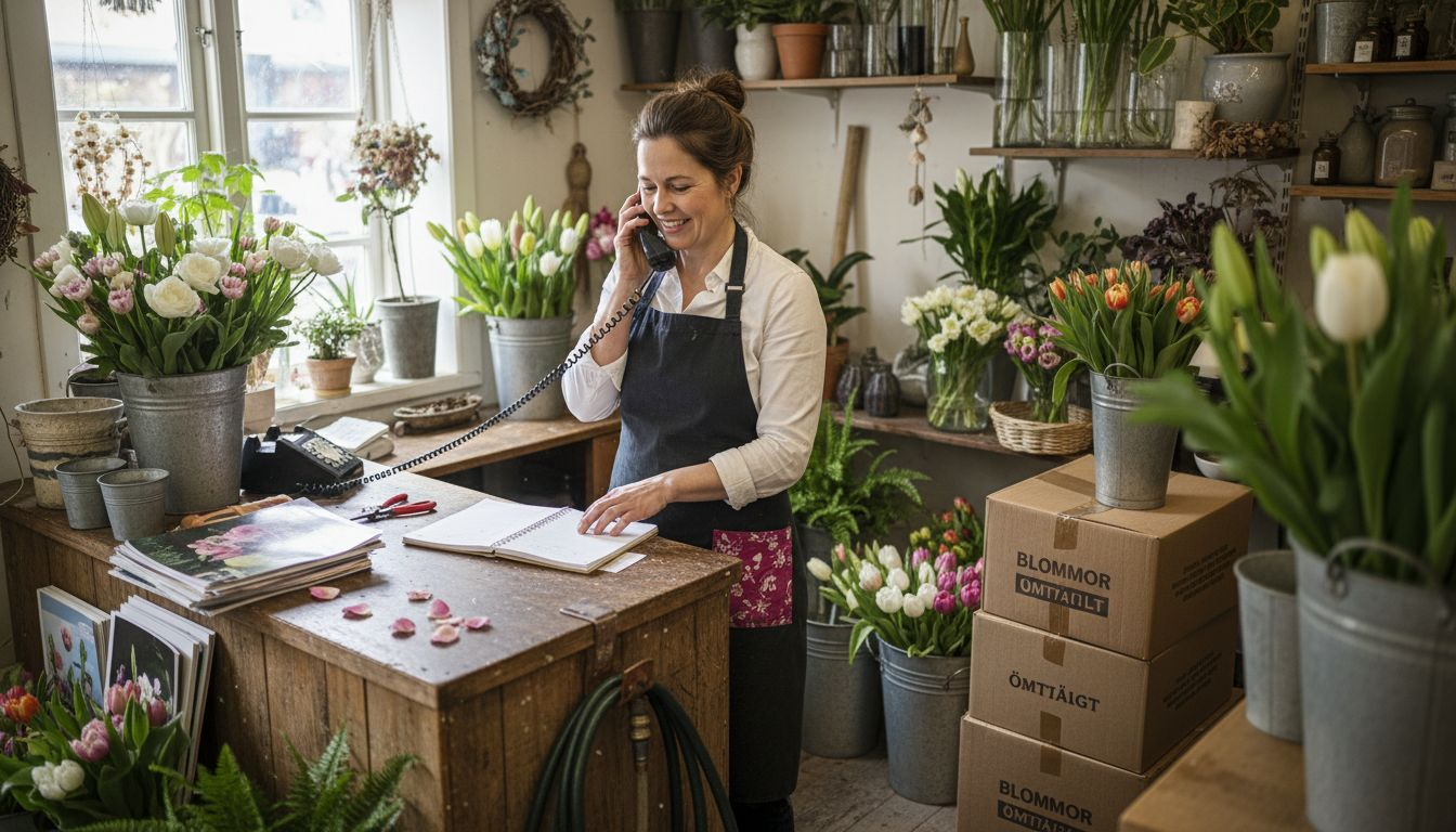 En florist står i sin blomsterbutik och antecknar idéer till nya buketter.