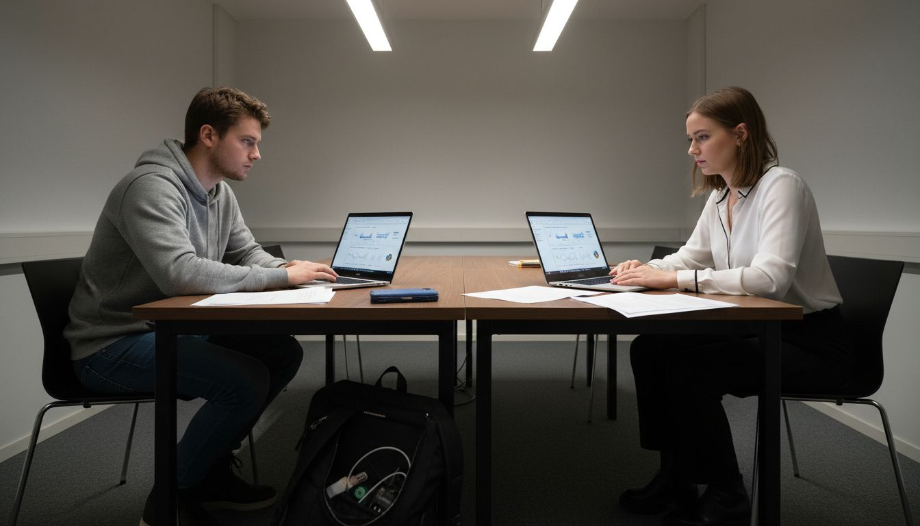 Två personer diskuterar skillnaderna mellan lokal och global SEO och jämför vilka strategier som passar bäst beroende på målgrupp och verksamhet.