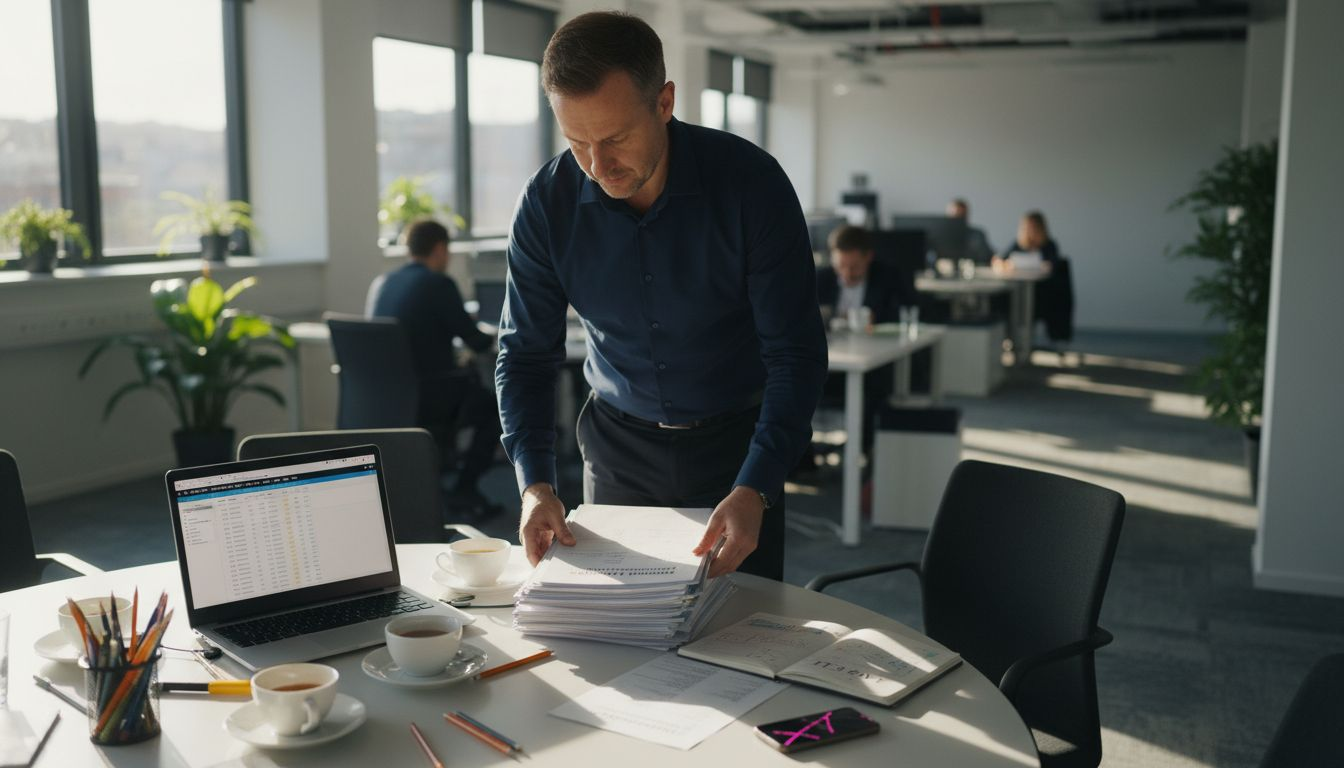 En projektledare går igenom en B2B-jämförelse tillsammans med kollegorna på kontoret.