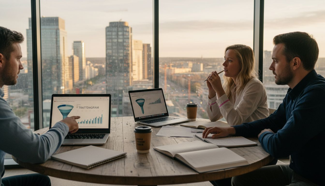 Ett team samlas på kontoret för att bolla idéer kring företagets marknadsföringstratt.