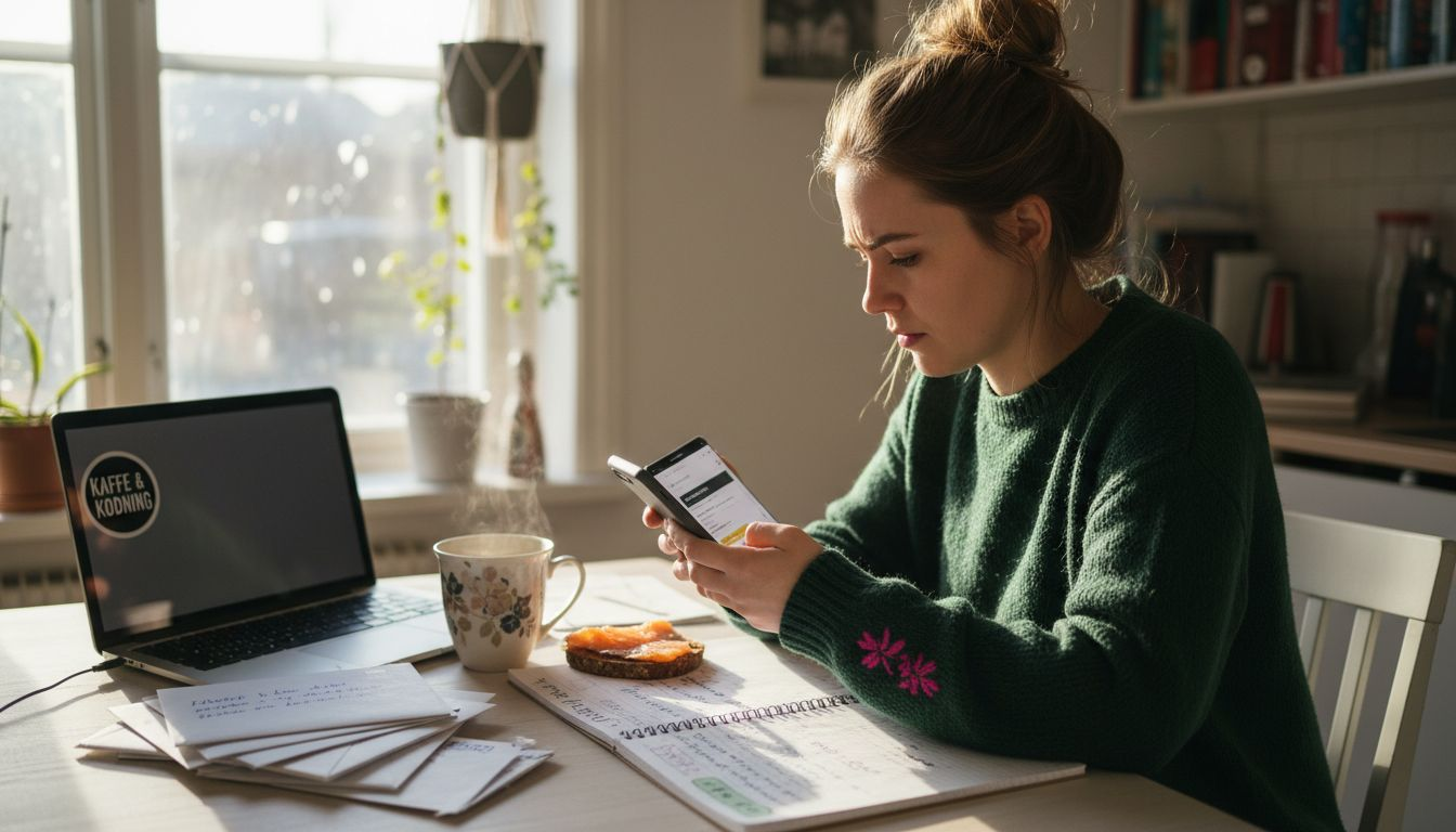 Ung kvinna som scrollar igenom nätbutiker i mobilen
