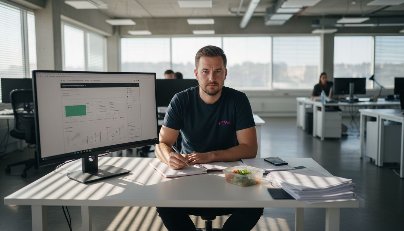 På kontoret analyserar SEO-experten aktuella söktrender och data för att hitta nya möjligheter.