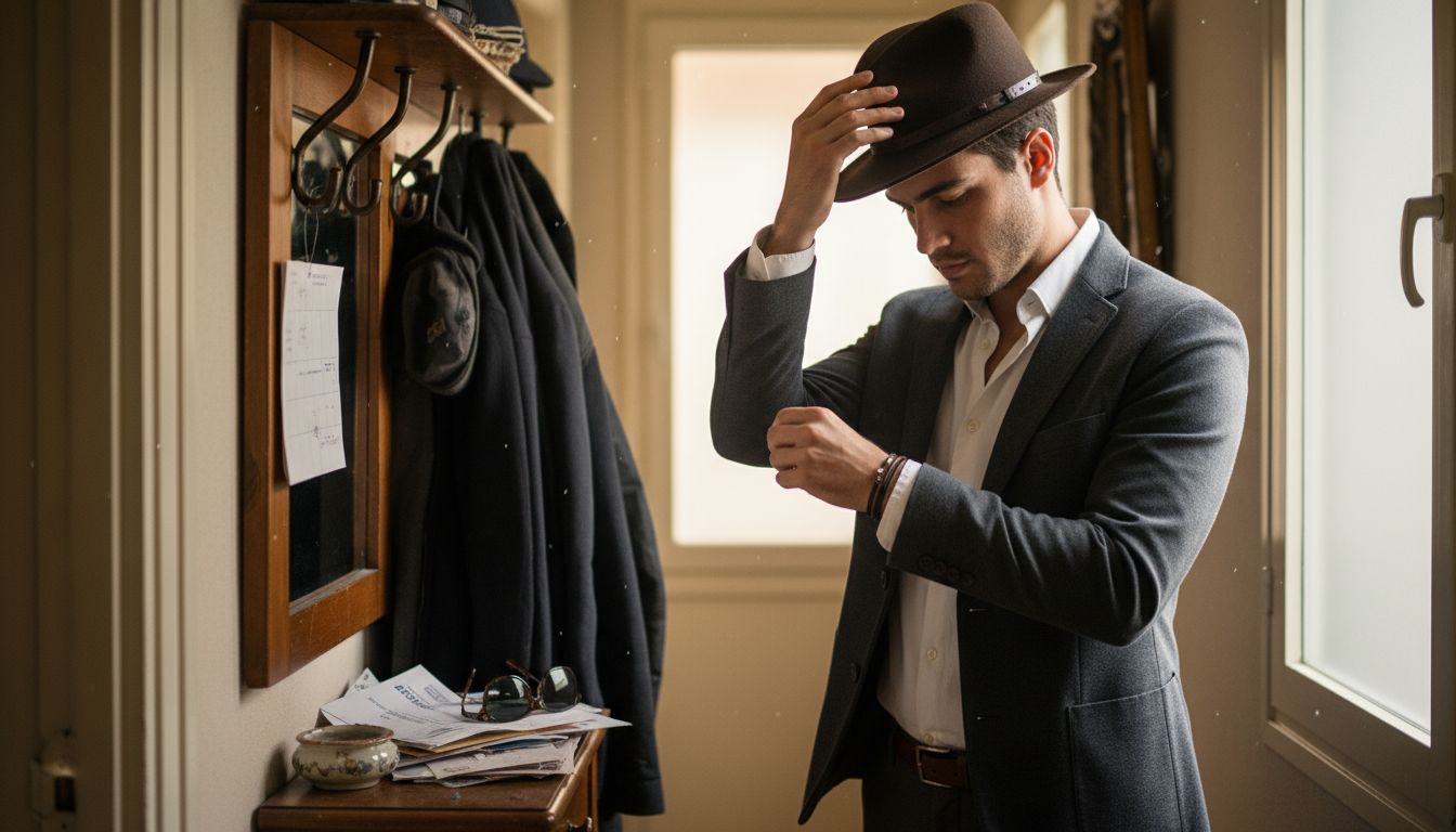 Un hombre se ajusta los gemelos y se coloca el sombrero mientras camina por el pasillo.