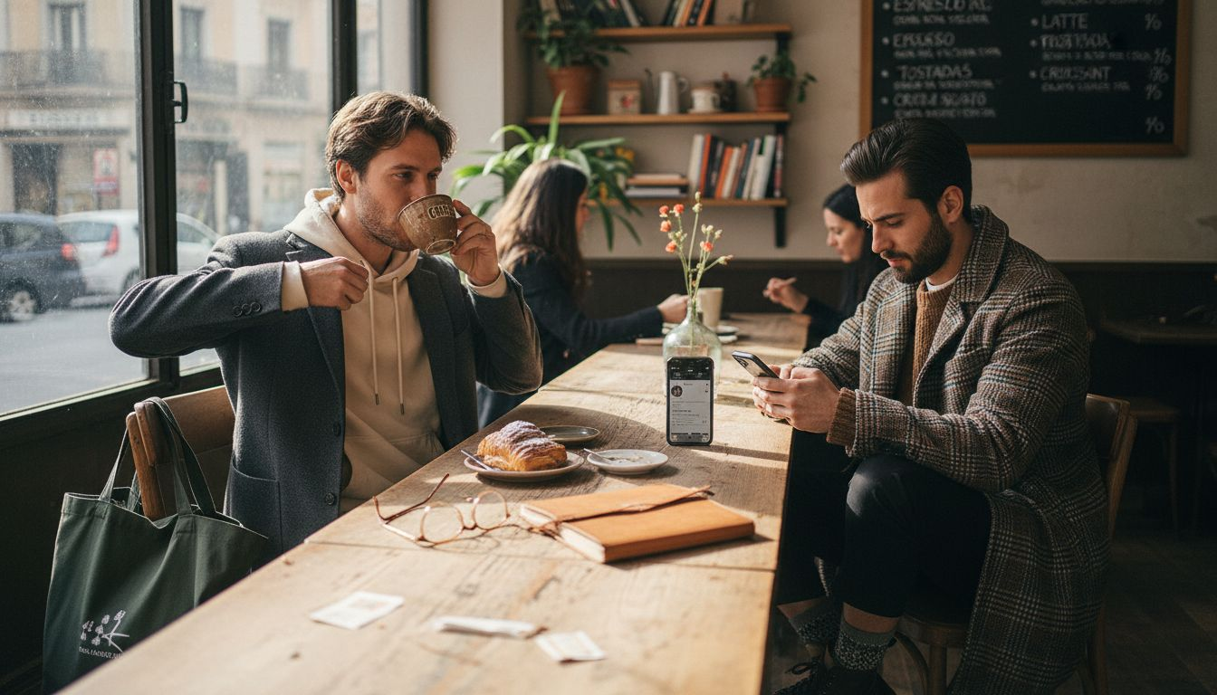 Hombres con looks urbanos y modernos en una cafetería del centro