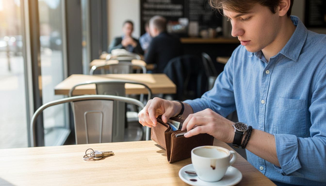 Hombre luciendo sus accesorios cotidianos junto a su cartera