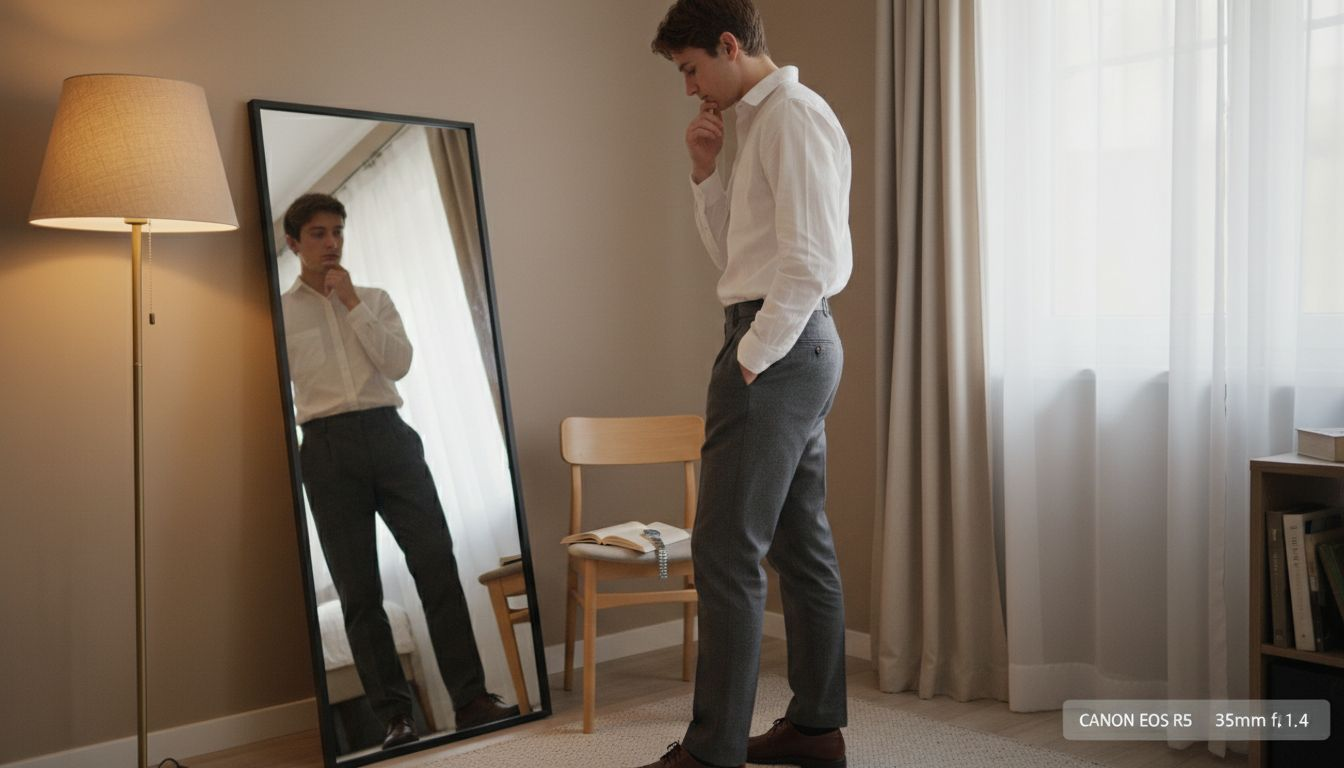 Persona observando cómo le queda ropa elegante y discreta frente al espejo.