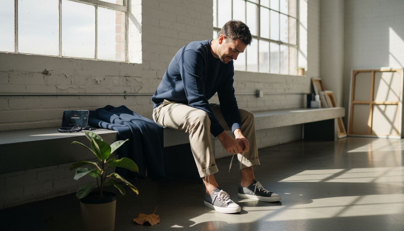 Un hombre se ata los cordones de sus zapatillas en una esquina de un loft de estilo minimalista.