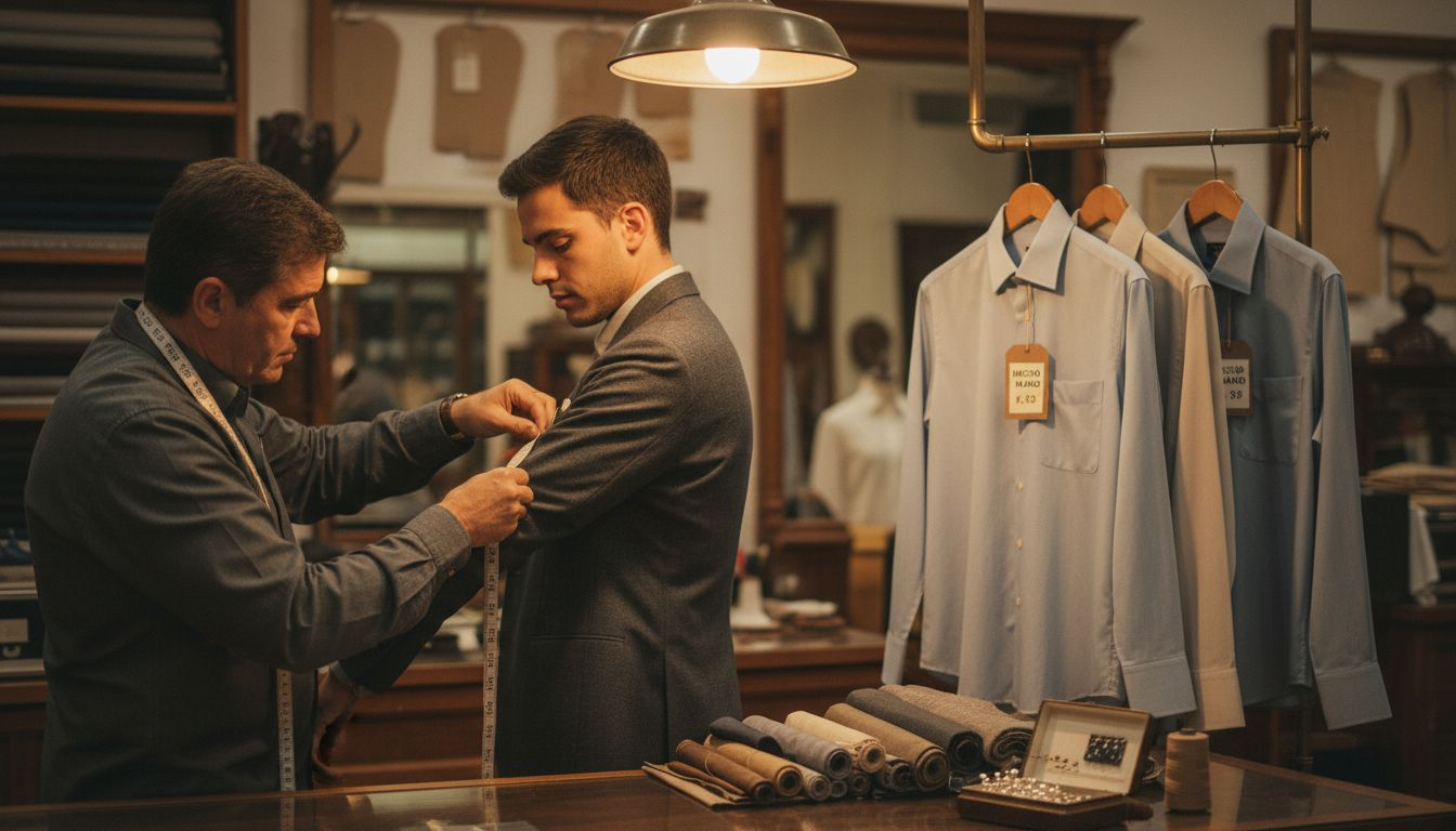 Un sastre toma medidas y ajusta la chaqueta a un joven para que le quede perfecta.