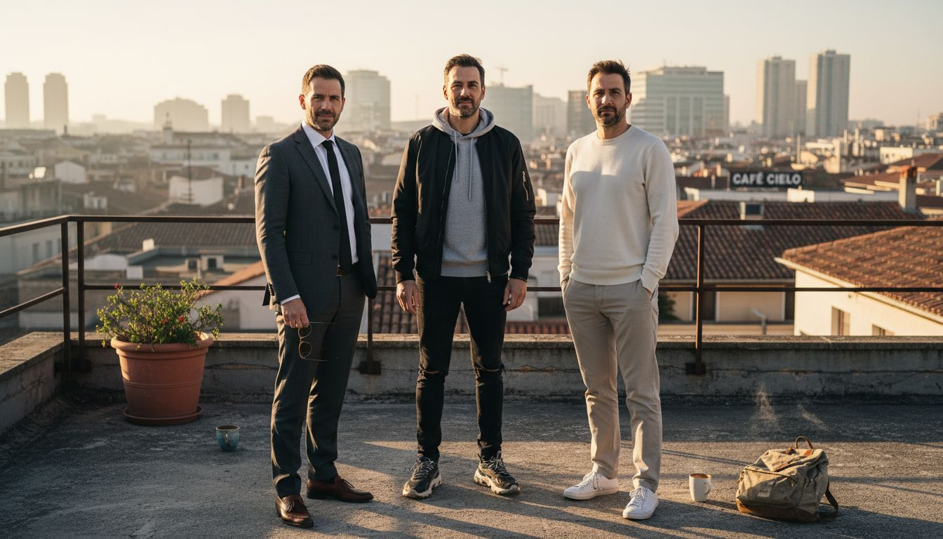 Tres hombres lucen estilos de moda muy diferentes entre sí.