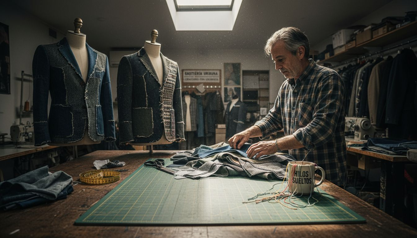 Un sastre elige cuidadosamente telas ecológicas en su taller