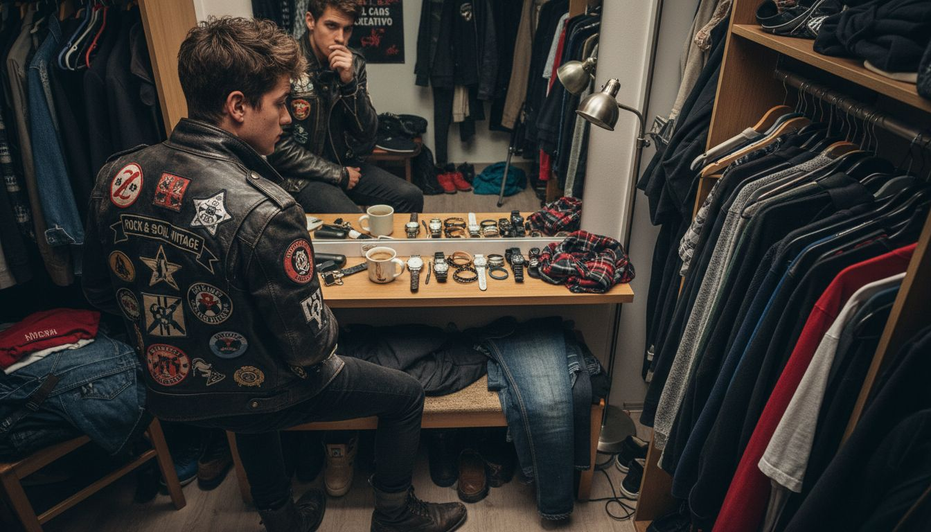 Hombre probándose diferentes looks frente al espejo en el vestidor