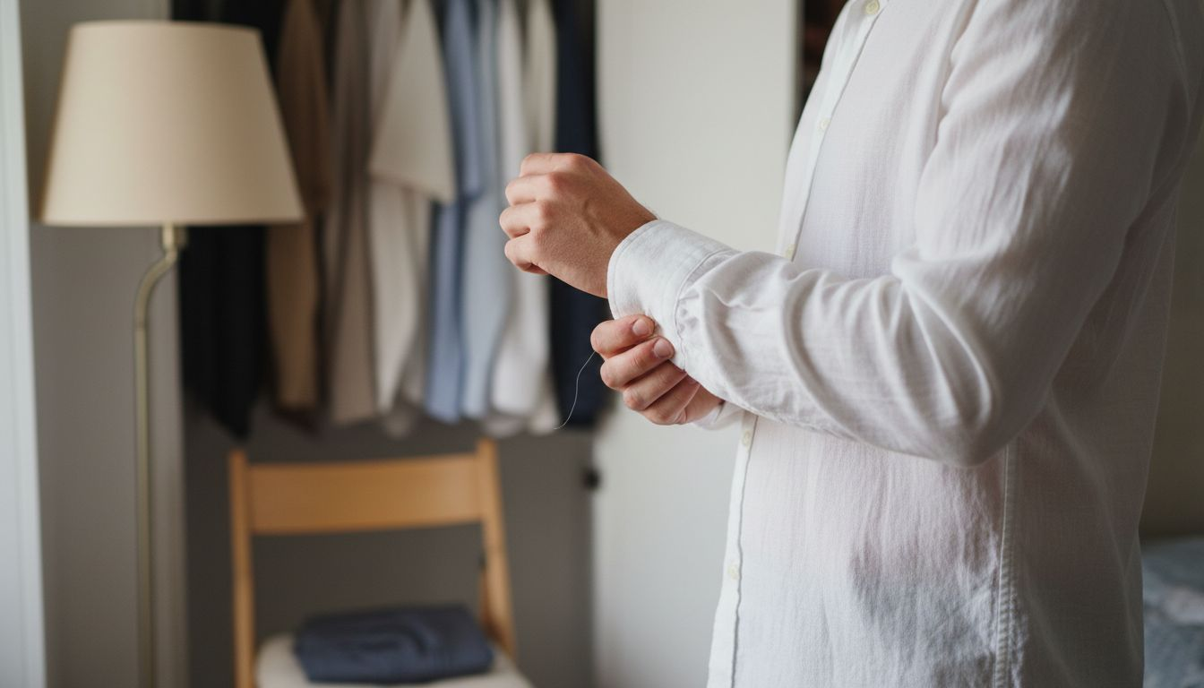 Unas manos arreglan con cuidado una camisa de hombre de excelente calidad.