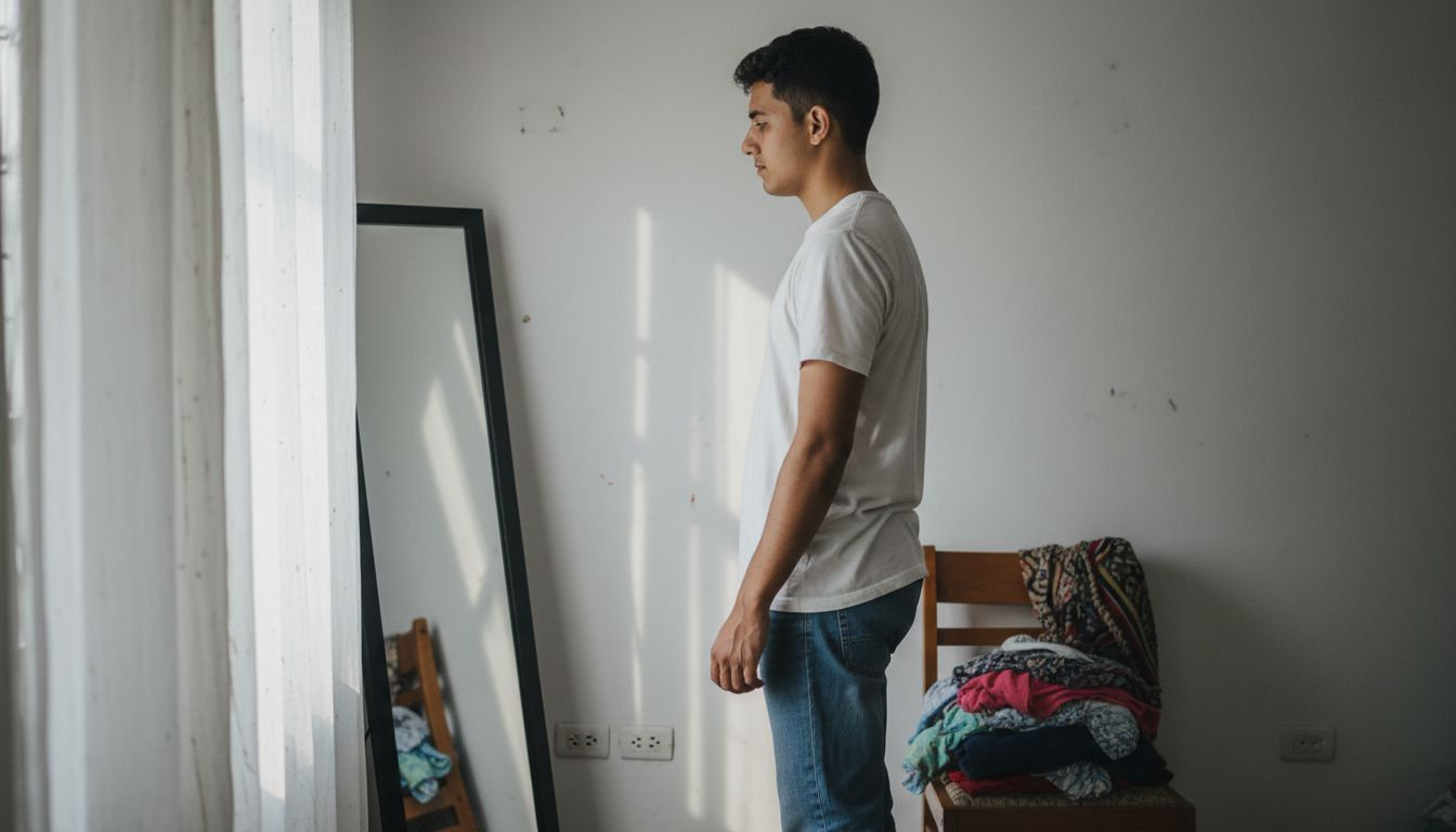 Hombre probándose diferentes conjuntos frente al espejo