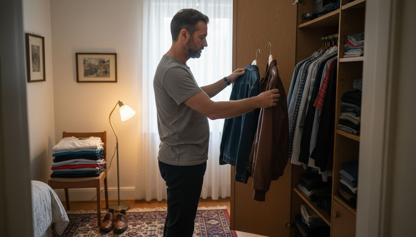 Un hombre revisando su armario mientras decide qué ponerse
