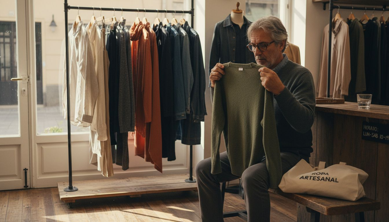Hombre revisando la etiqueta de una prenda en una tienda de ropa sostenible
