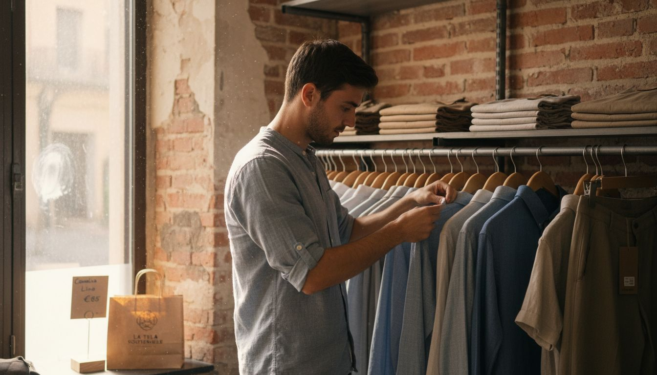Una chica revisa cuidadosamente la calidad de las prendas en una boutique ecológica.
