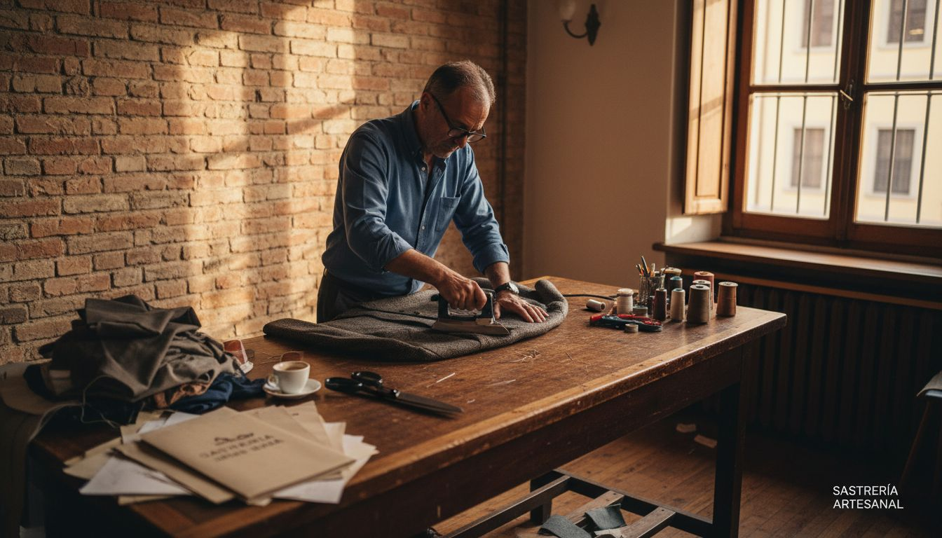 Un sastre confeccionando prendas en un taller tradicional europeo.