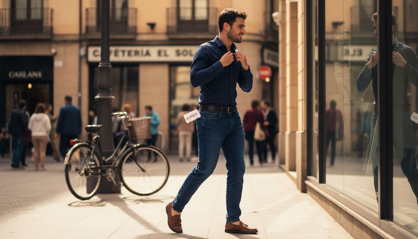Un hombre con camisa elegante camina con paso seguro.