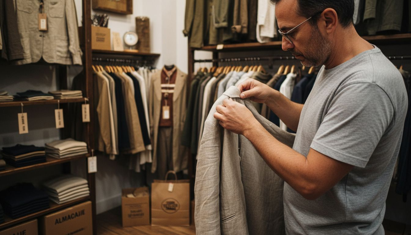Un hombre revisa cuidadosamente los detalles de una chaqueta original.