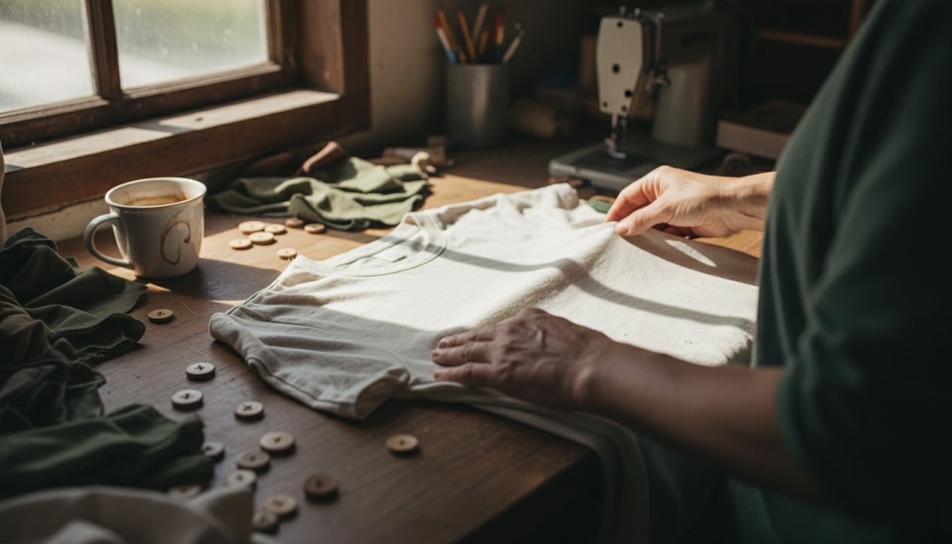 Manos explorando tejidos ecológicos en un taller de confección