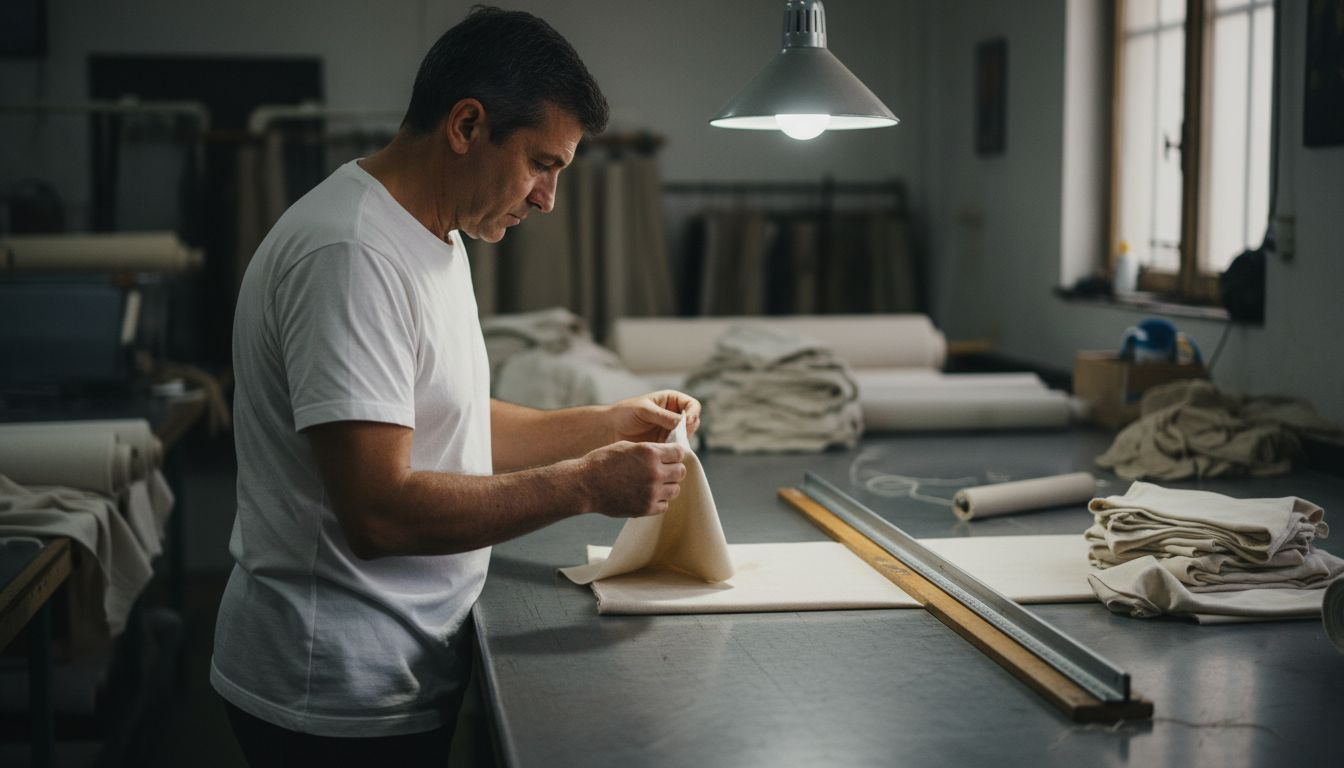 Empleado examinando tejidos sostenibles en el taller