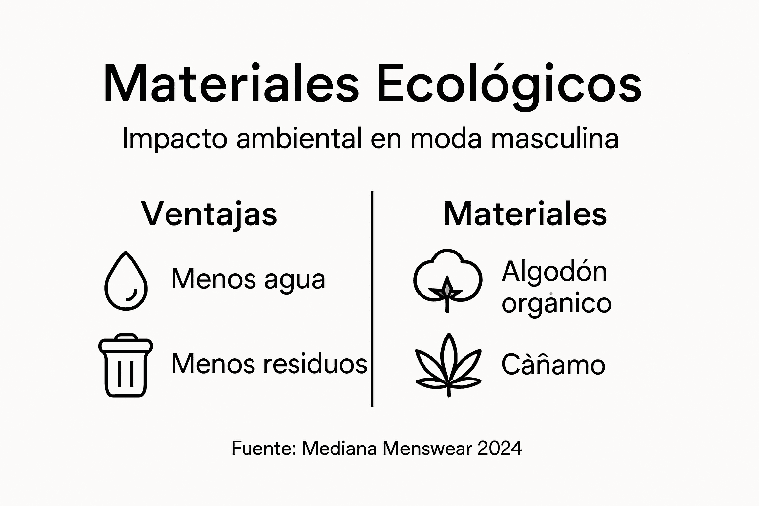 Infografía sobre materiales sostenibles y sus beneficios en la moda para hombre