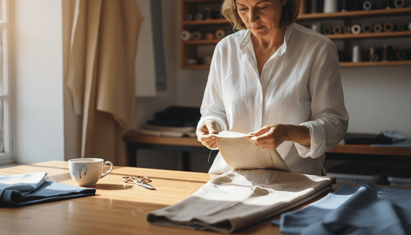 Una mujer observa y compara diferentes telas para pantalones, evaluando cuál se adapta mejor a sus gustos y necesidades.