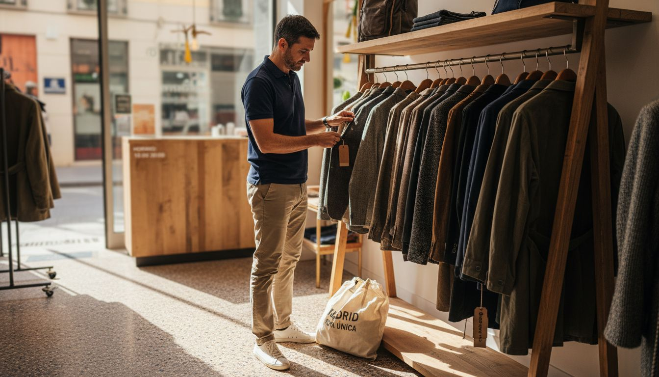 Persona comprobando la información de la etiqueta en una prenda de ropa ecológica