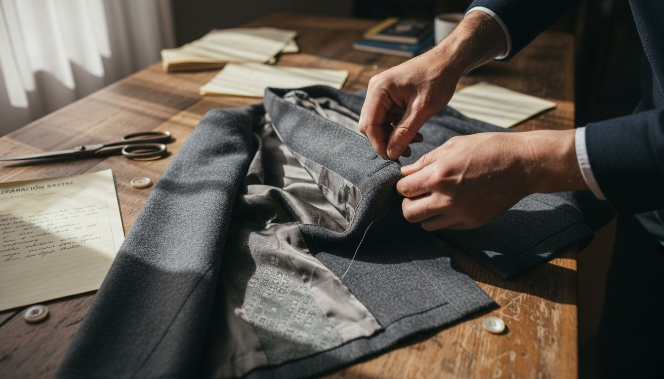 Unas manos examinan con atención los detalles de una chaqueta clásica de lana.