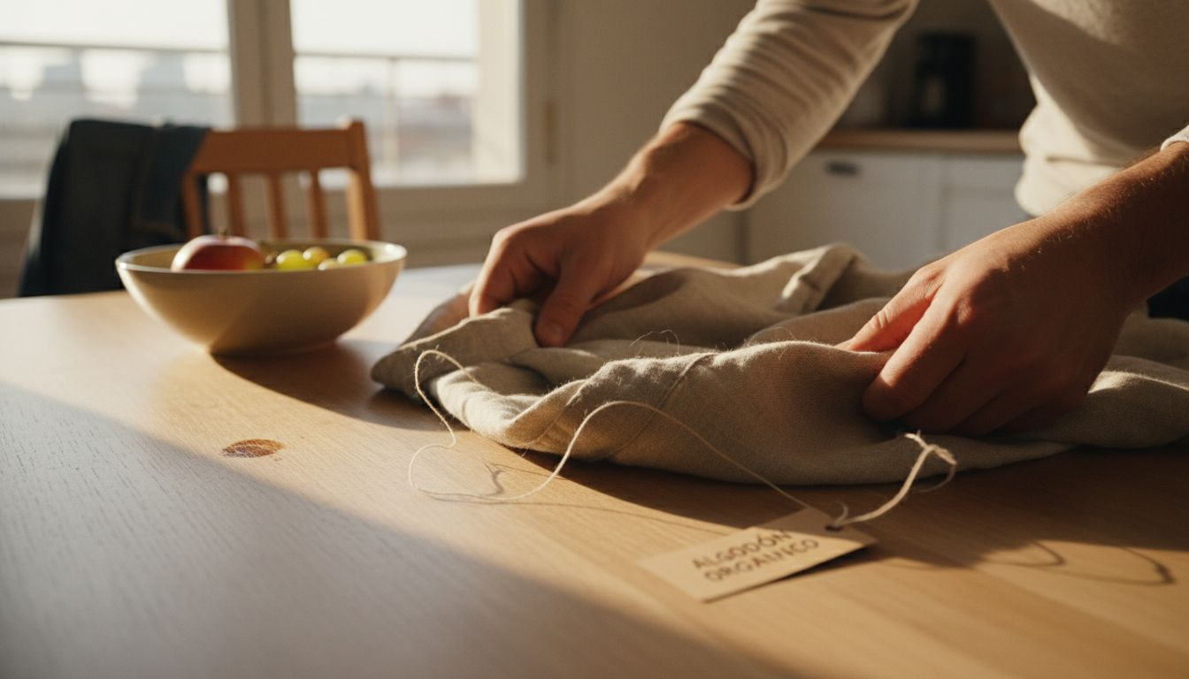 Un hombre examina detenidamente una camisa de lino sobre la mesa.