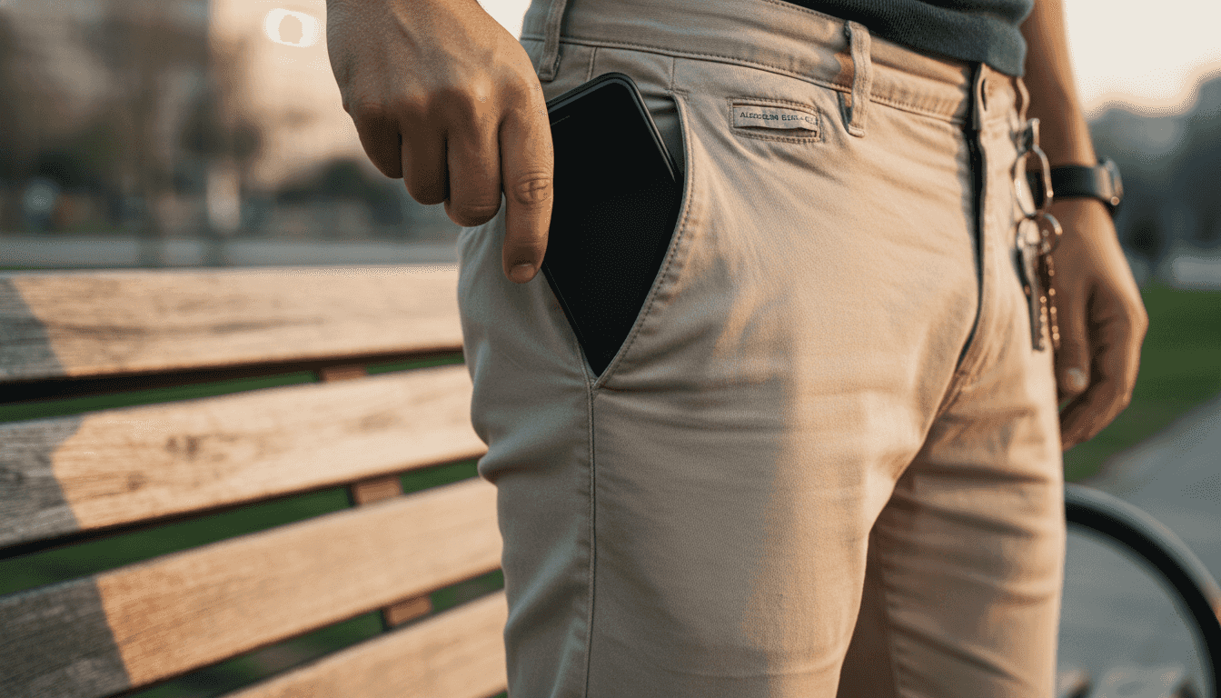 Una mano desliza el móvil en un pantalón de alta calidad