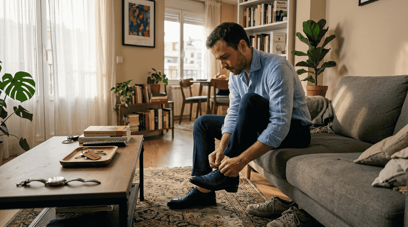 Hombre con un look en tonos azules, combinando varias capas de ropa.