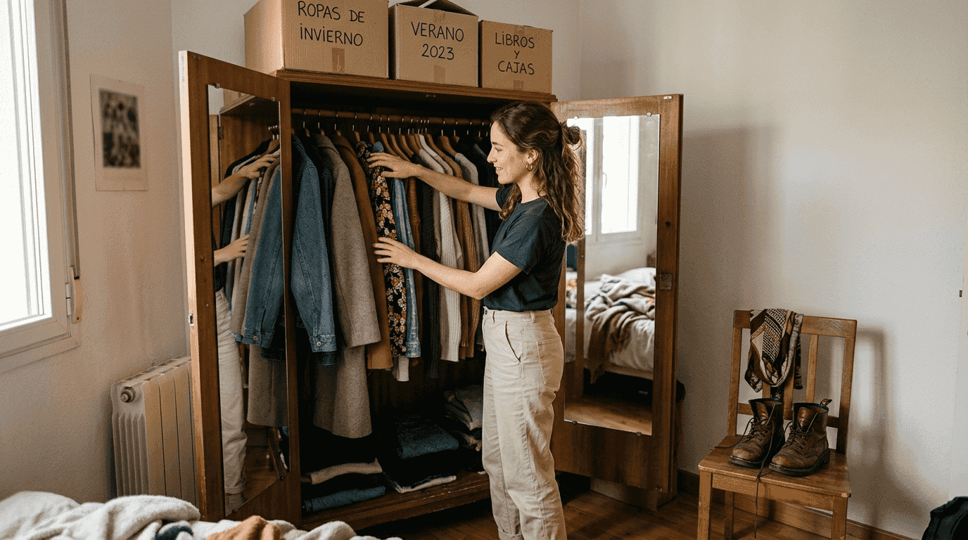 Un joven revisa prendas vintage en su armario, buscando qué ponerse.