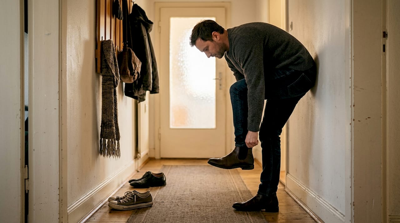 Un hombre se pone unas botas de cuero marrón