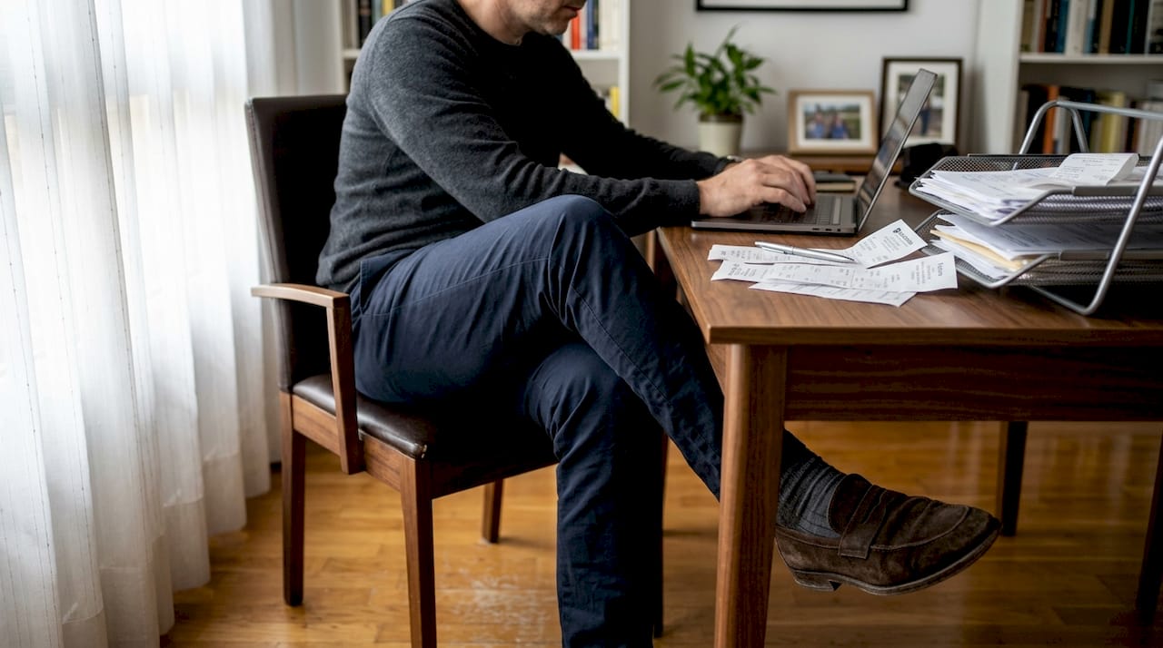 Un empresario presume sus mocasines de ante mientras trabaja desde su despacho en casa.