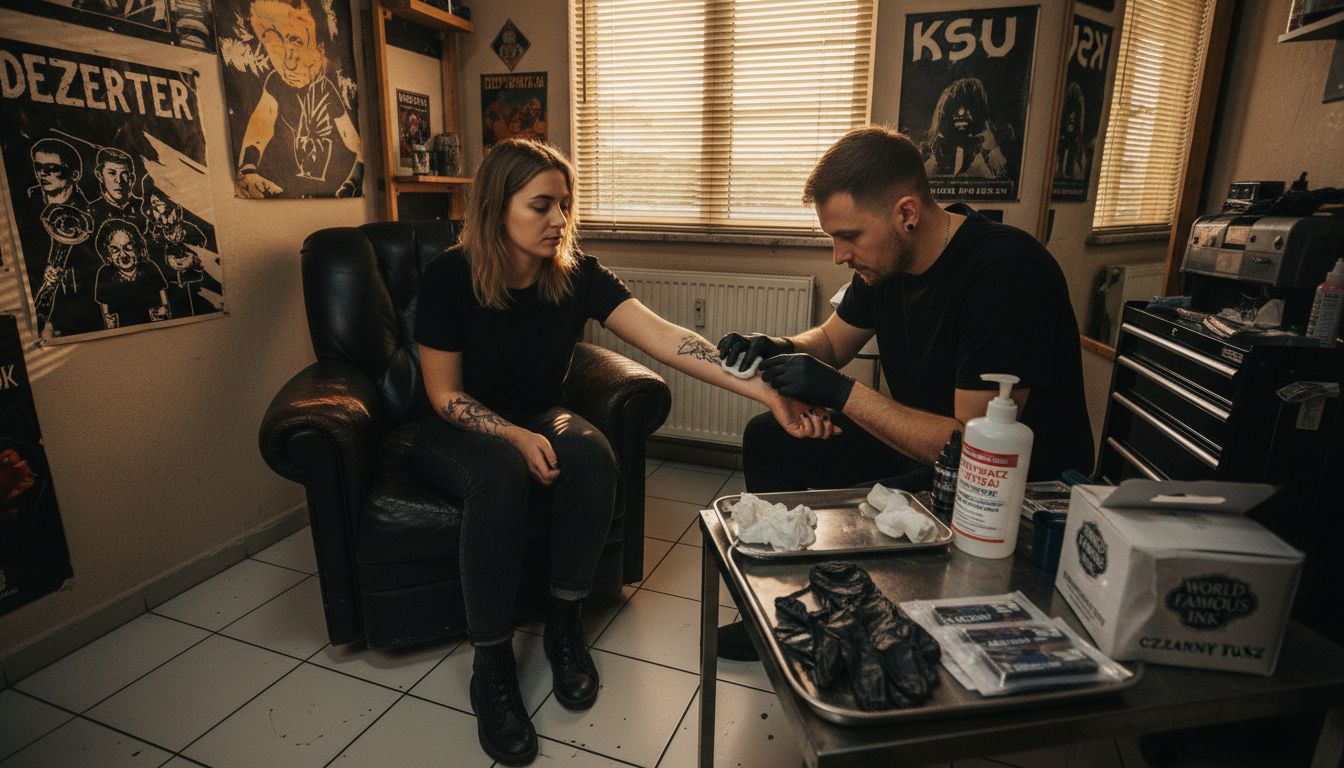 Przed rozpoczęciem tatuowania skóra klienta jest dokładnie oczyszczana w studiu.