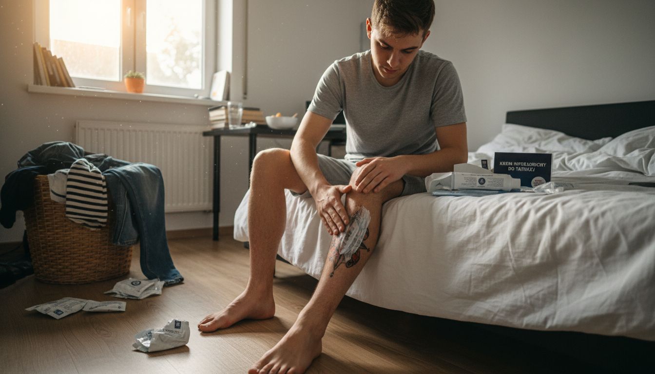 Mężczyzna smaruje świeży tatuaż kremem w domu.