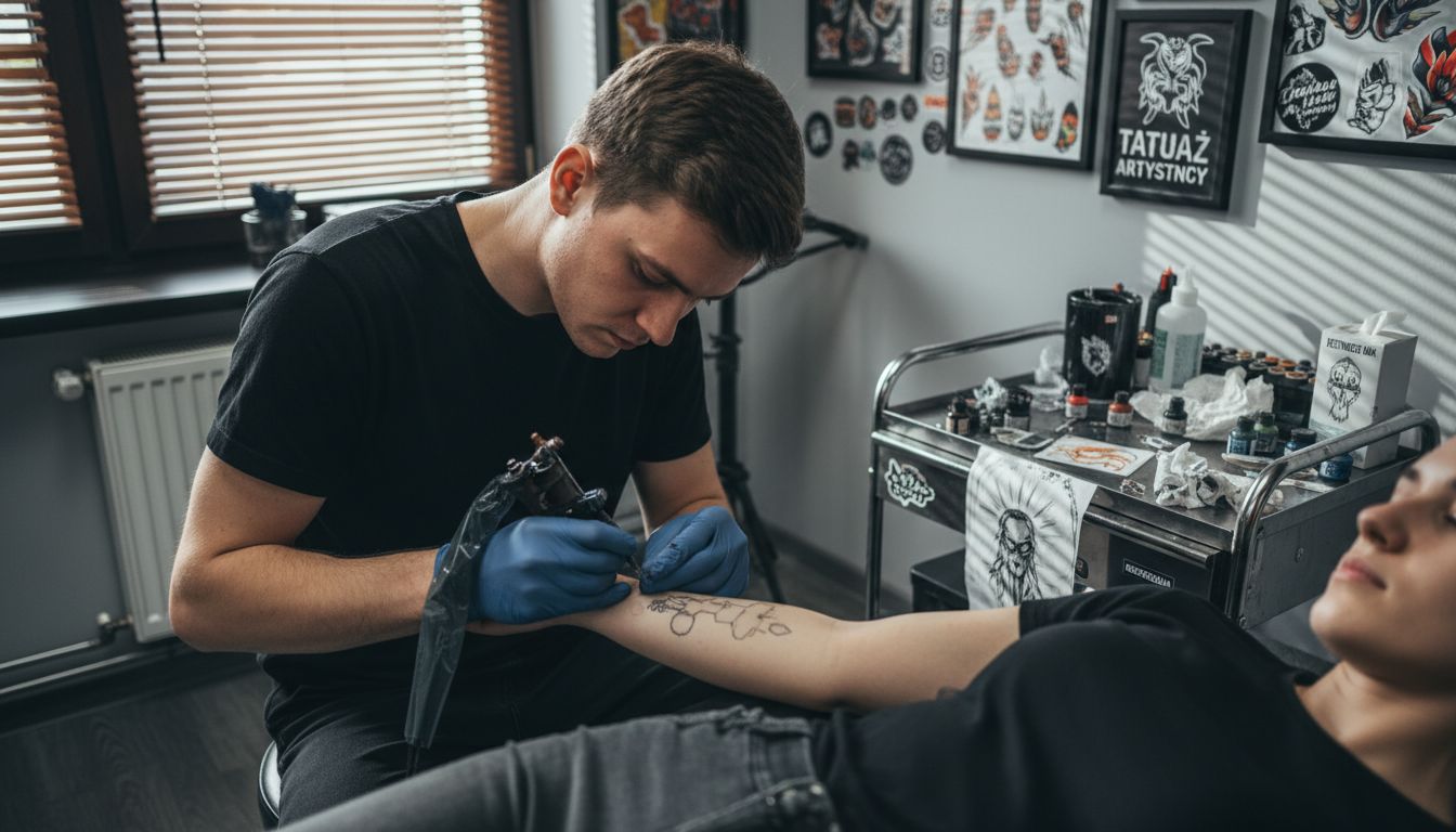 Tatuażysta przygotowuje przedramię klienta do wykonania wzoru.